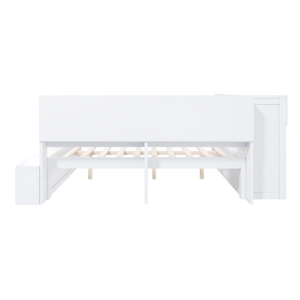 English Elm Full Size Storage Daybed with Side Cabinets Shoe Rack and Built-in Usb Charging White N7090005103K
