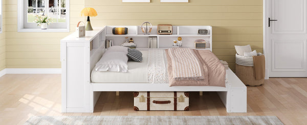 English Elm Full Size Storage Daybed with Side Cabinets Shoe Rack and Built-in Usb Charging White N7090005103K