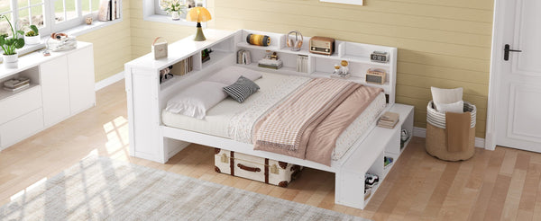 English Elm Full Size Storage Daybed with Side Cabinets Shoe Rack and Built-in Usb Charging White N7090005103K