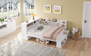 English Elm Full Size Storage Daybed with Side Cabinets Shoe Rack and Built-in Usb Charging White N7090005103K