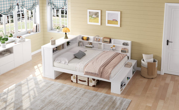 English Elm Full Size Storage Daybed with Side Cabinets Shoe Rack and Built-in Usb Charging White N7090005103K