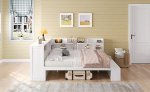English Elm Full Size Storage Daybed with Side Cabinets Shoe Rack and Built-in Usb Charging White N7090005103K