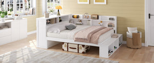 English Elm Full Size Storage Daybed with Side Cabinets Shoe Rack and Built-in Usb Charging White N7090005103K