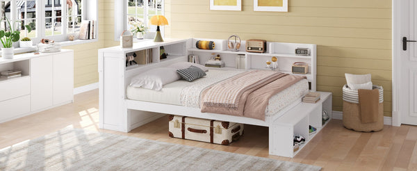 English Elm Full Size Storage Daybed with Side Cabinets Shoe Rack and Built-in Usb Charging White N7090005103K
