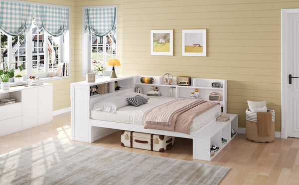 English Elm Full Size Storage Daybed with Side Cabinets Shoe Rack and Built-in Usb Charging White N7090005103K