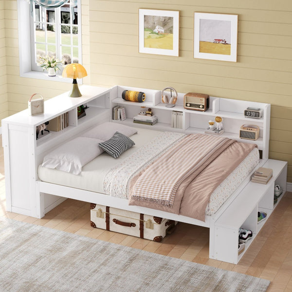 English Elm Full Size Storage Daybed with Side Cabinets Shoe Rack and Built-in Usb Charging White N7090005103K