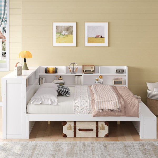 English Elm Full Size Storage Daybed with Side Cabinets Shoe Rack and Built-in Usb Charging White N7090005103K