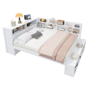 English Elm Full Size Storage Daybed with Side Cabinets Shoe Rack and Built-in Usb Charging White N7090005103K