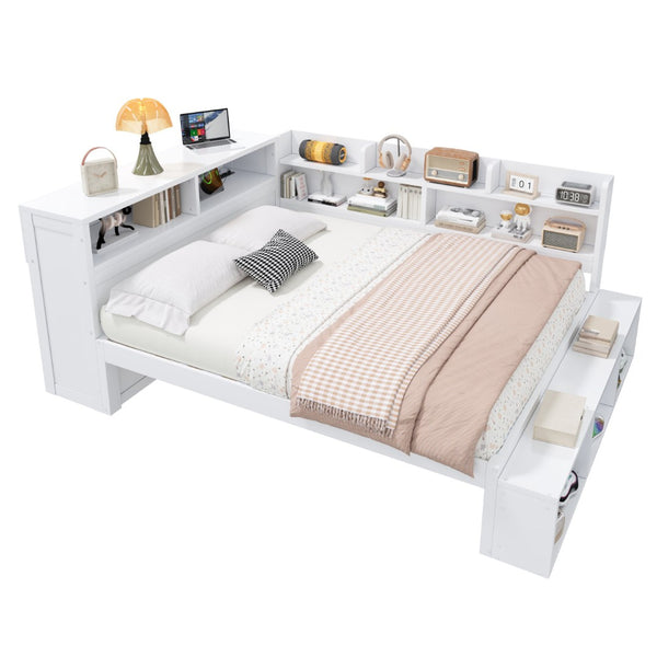 English Elm Full Size Storage Daybed with Side Cabinets Shoe Rack and Built-in Usb Charging White N7090005103K