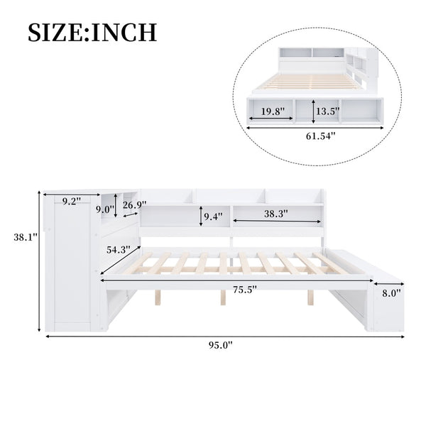 English Elm Full Size Storage Daybed with Side Cabinets Shoe Rack and Built-in Usb Charging White N7090005103K