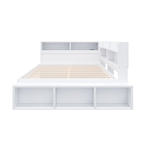 English Elm Full Size Storage Daybed with Side Cabinets Shoe Rack and Built-in Usb Charging White N7090005103K
