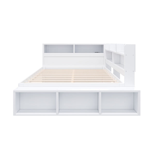 English Elm Full Size Storage Daybed with Side Cabinets Shoe Rack and Built-in Usb Charging White N7090005103K