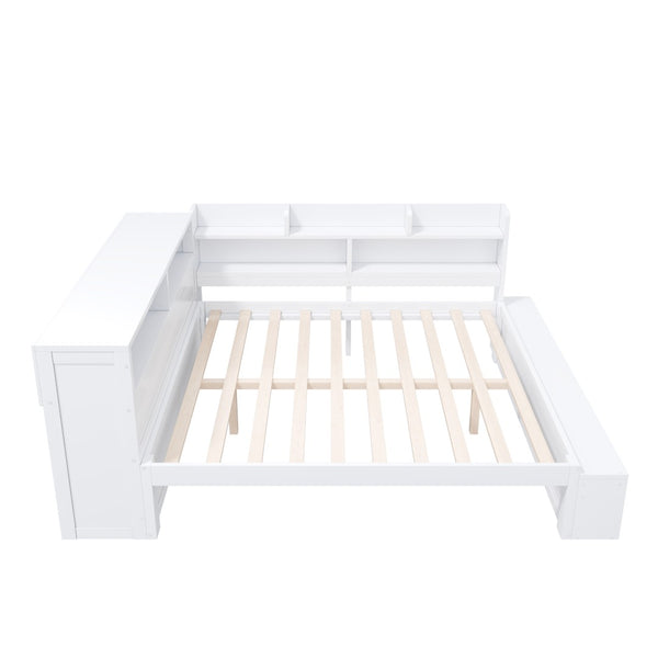 English Elm Full Size Storage Daybed with Side Cabinets Shoe Rack and Built-in Usb Charging White N7090005103K