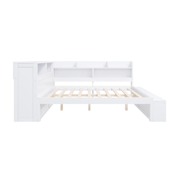 English Elm Full Size Storage Daybed with Side Cabinets Shoe Rack and Built-in Usb Charging White N7090005103K