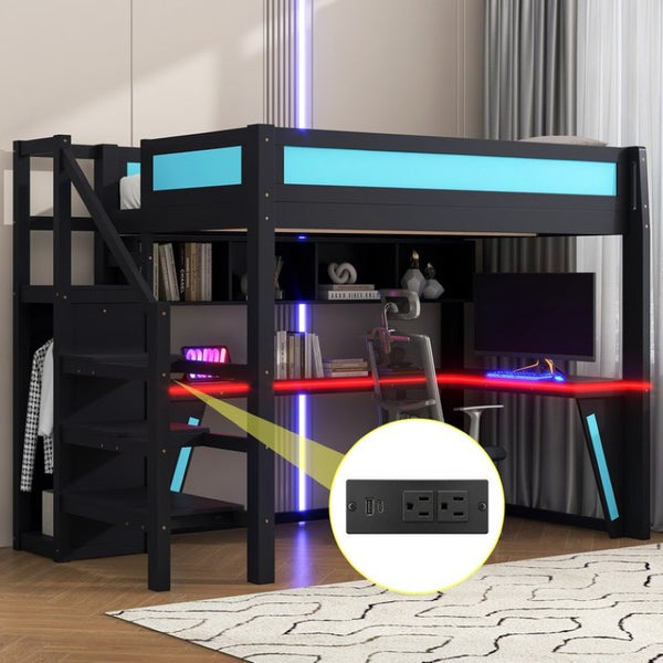 English Elm Full Size Gaming Loft Bed with RGB Lighting Desk Wardrobe and USB Charging Station Black+Blue N7090006400C