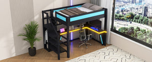 English Elm Full Size Gaming Loft Bed with RGB Lighting Desk Wardrobe and USB Charging Station Black+Blue N7090006400C