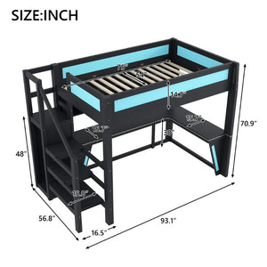 English Elm Full Size Gaming Loft Bed with RGB Lighting Desk Wardrobe and USB Charging Station Black+Blue N7090006400C