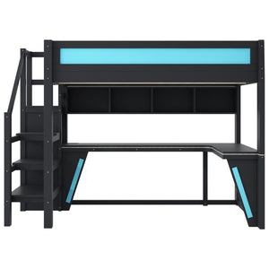 English Elm Full Size Gaming Loft Bed with RGB Lighting Desk Wardrobe and USB Charging Station Black+Blue N7090006400C