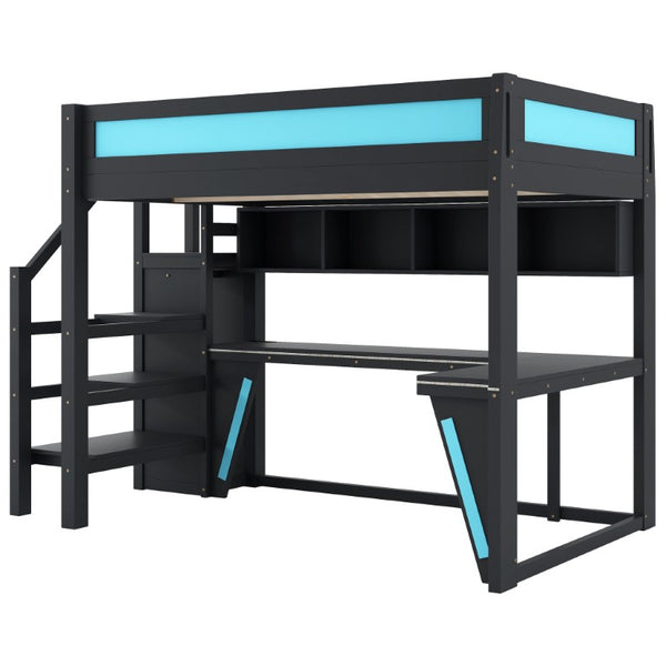 English Elm Full Size Gaming Loft Bed with RGB Lighting Desk Wardrobe and USB Charging Station Black+Blue N7090006400C