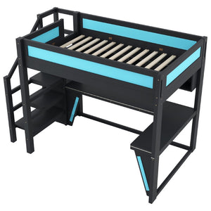 English Elm Full Size Gaming Loft Bed with RGB Lighting Desk Wardrobe and USB Charging Station Black+Blue N7090006400C