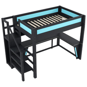 English Elm Full Size Gaming Loft Bed with RGB Lighting Desk Wardrobe and USB Charging Station Black+Blue N7090006400C