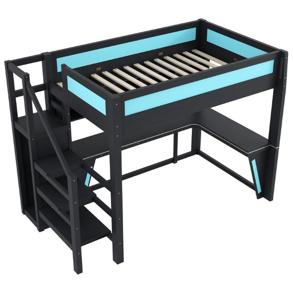 English Elm Full Size Gaming Loft Bed with RGB Lighting Desk Wardrobe and USB Charging Station Black+Blue N7090006400C