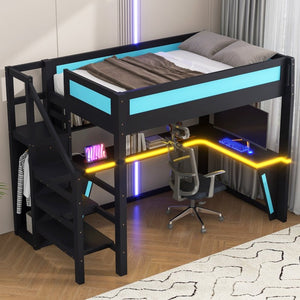 English Elm Full Size Gaming Loft Bed with RGB Lighting Desk Wardrobe and USB Charging Station Black+Blue N7090006400C