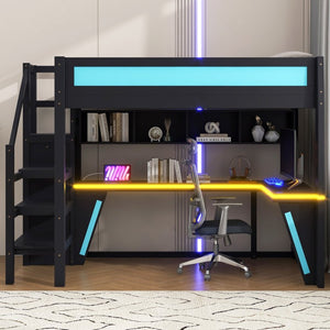 English Elm Full Size Gaming Loft Bed with RGB Lighting Desk Wardrobe and USB Charging Station Black+Blue N7090006400C