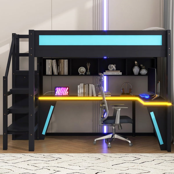 English Elm Full Size Gaming Loft Bed with RGB Lighting Desk Wardrobe and USB Charging Station Black+Blue N7090006400C