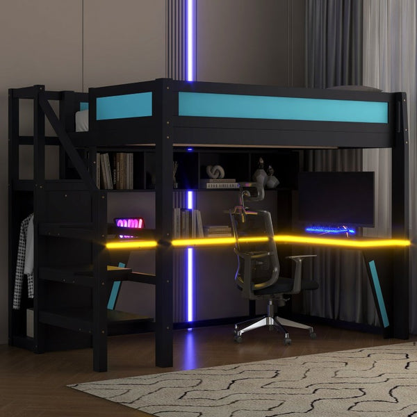 English Elm Full Size Gaming Loft Bed with RGB Lighting Desk Wardrobe and USB Charging Station Black+Blue N7090006400C