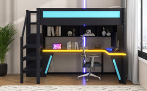 English Elm Full Size Gaming Loft Bed with RGB Lighting Desk Wardrobe and USB Charging Station Black+Blue N7090006400C