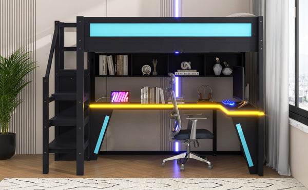 English Elm Full Size Gaming Loft Bed with RGB Lighting Desk Wardrobe and USB Charging Station Black+Blue N7090006400C