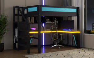 English Elm Full Size Gaming Loft Bed with RGB Lighting Desk Wardrobe and USB Charging Station Black+Blue N7090006400C