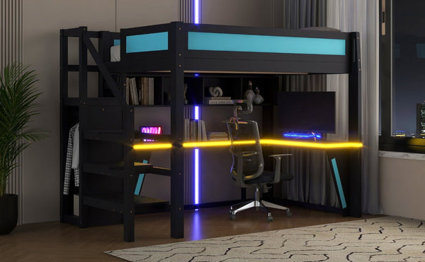 English Elm Full Size Gaming Loft Bed with RGB Lighting Desk Wardrobe and USB Charging Station Black+Blue N7090006400C