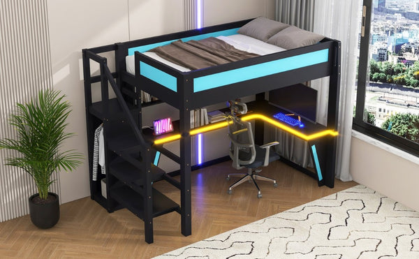 English Elm Full Size Gaming Loft Bed with RGB Lighting Desk Wardrobe and USB Charging Station Black+Blue N7090006400C