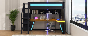 English Elm Full Size Gaming Loft Bed with RGB Lighting Desk Wardrobe and USB Charging Station Black+Blue N7090006400C