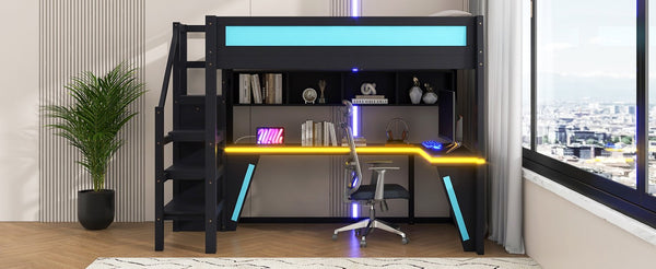 English Elm Full Size Gaming Loft Bed with RGB Lighting Desk Wardrobe and USB Charging Station Black+Blue N7090006400C