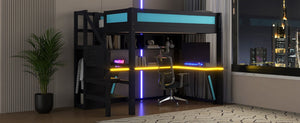 English Elm Full Size Gaming Loft Bed with RGB Lighting Desk Wardrobe and USB Charging Station Black+Blue N7090006400C