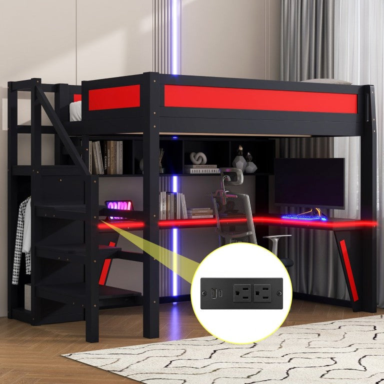 English Elm Full Size Gaming Loft Bed with RGB Lighting Desk Wardrobe and USB Charging Station Black+Red N7090006400J