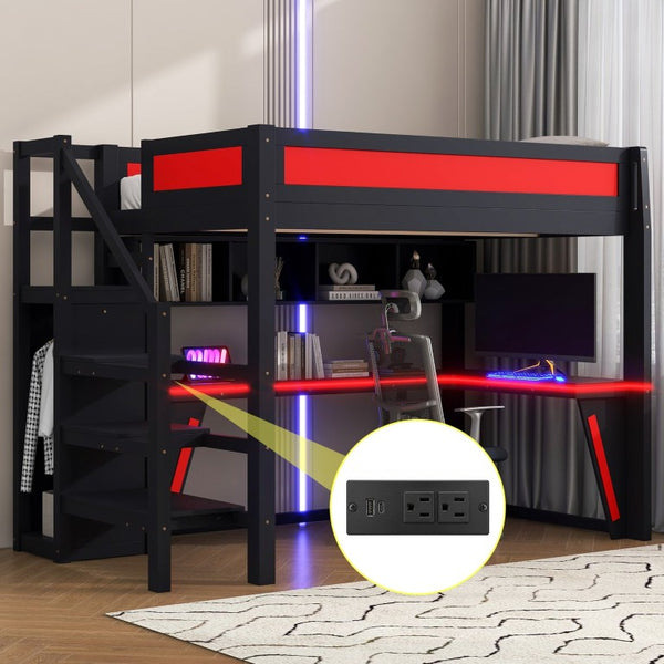 English Elm Full Size Gaming Loft Bed with RGB Lighting Desk Wardrobe and USB Charging Station Black+Red N7090006400J