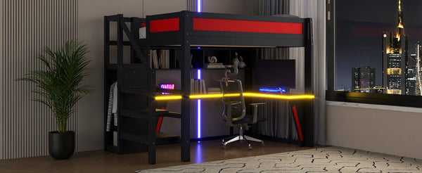 English Elm Full Size Gaming Loft Bed with RGB Lighting Desk Wardrobe and USB Charging Station Black+Red N7090006400J