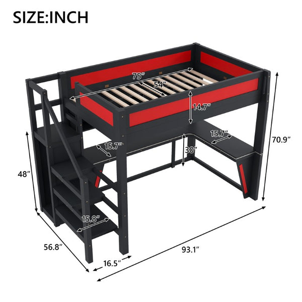 English Elm Full Size Gaming Loft Bed with RGB Lighting Desk Wardrobe and USB Charging Station Black+Red N7090006400J