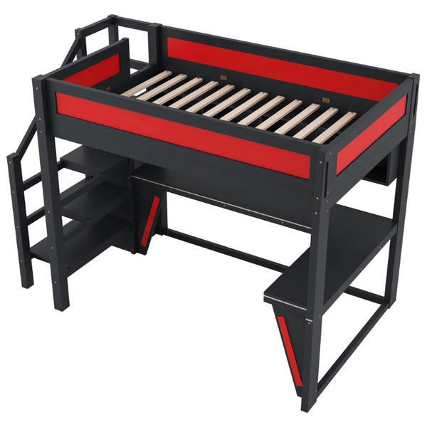 English Elm Full Size Gaming Loft Bed with RGB Lighting Desk Wardrobe and USB Charging Station Black+Red N7090006400J