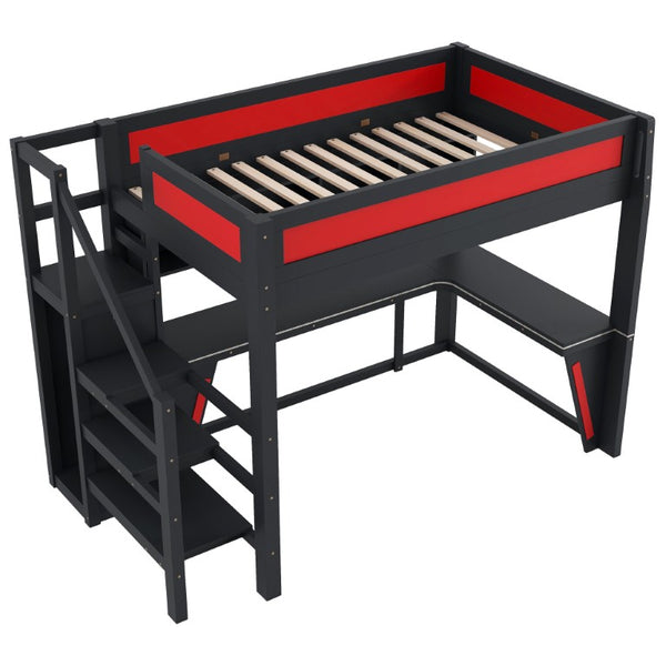 English Elm Full Size Gaming Loft Bed with RGB Lighting Desk Wardrobe and USB Charging Station Black+Red N7090006400J