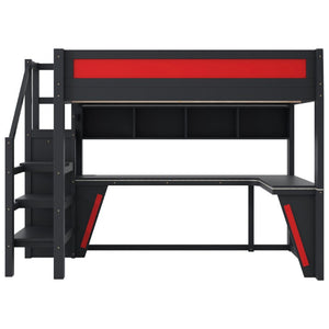 English Elm Full Size Gaming Loft Bed with RGB Lighting Desk Wardrobe and USB Charging Station Black+Red N7090006400J