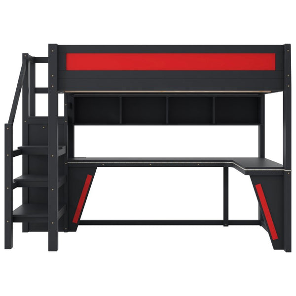 English Elm Full Size Gaming Loft Bed with RGB Lighting Desk Wardrobe and USB Charging Station Black+Red N7090006400J