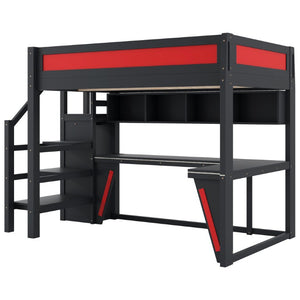 English Elm Full Size Gaming Loft Bed with RGB Lighting Desk Wardrobe and USB Charging Station Black+Red N7090006400J