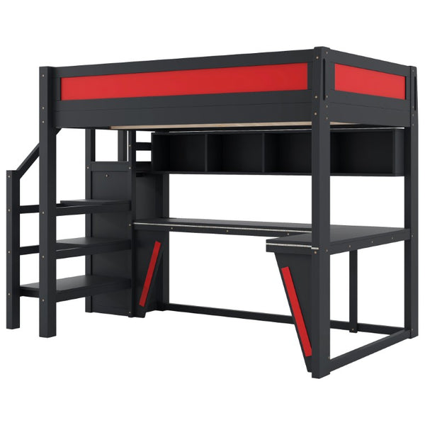 English Elm Full Size Gaming Loft Bed with RGB Lighting Desk Wardrobe and USB Charging Station Black+Red N7090006400J