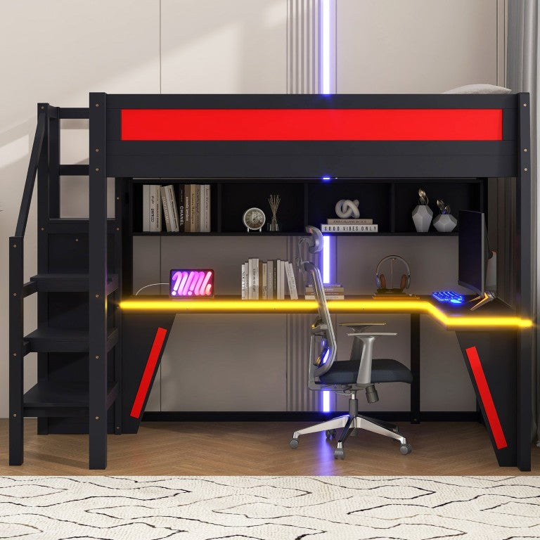English Elm Full Size Gaming Loft Bed with RGB Lighting Desk Wardrobe and USB Charging Station Black+Red N7090006400J