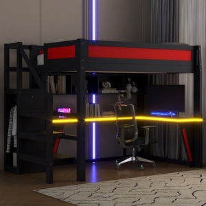 English Elm Full Size Gaming Loft Bed with RGB Lighting Desk Wardrobe and USB Charging Station Black+Red N7090006400J